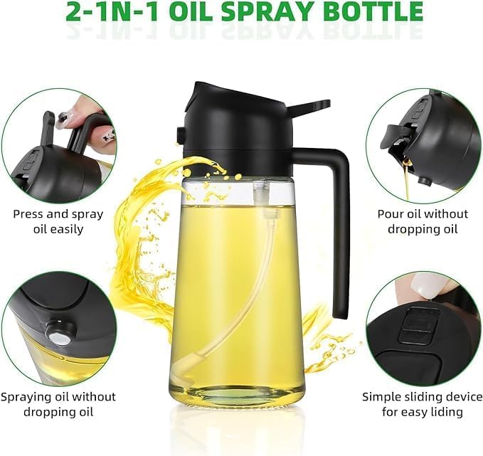 Oil Sprayer and Dispenser Bottle 500ml | 2-in-1 Spray & Pour Oil Bottle for Cooking, Salad, Air Fryer & BBQ | Green Glass Spray Bottle