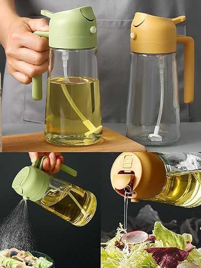 Oil Sprayer and Dispenser Bottle 500ml | 2-in-1 Spray & Pour Oil Bottle for Cooking, Salad, Air Fryer & BBQ | Green Glass Spray Bottle