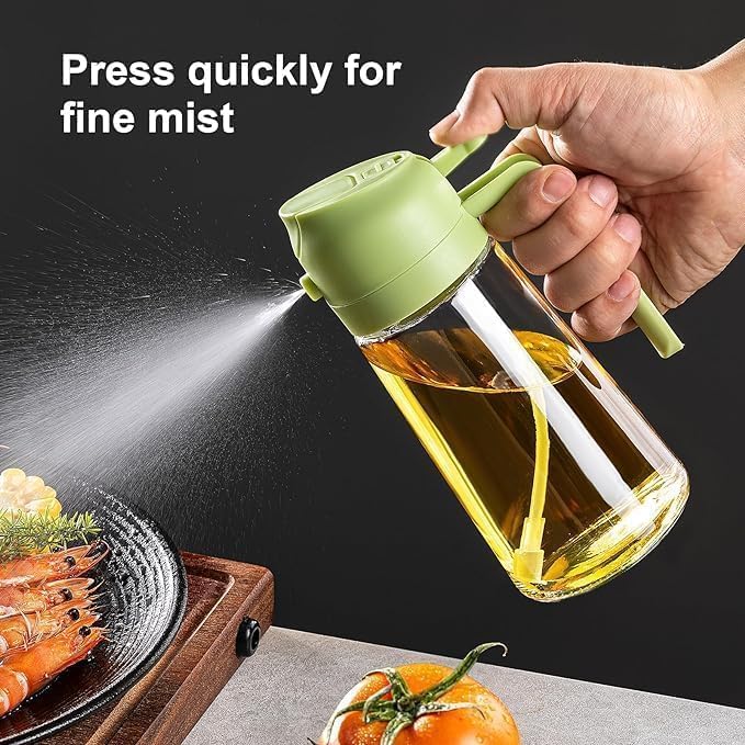 Oil Sprayer and Dispenser Bottle 500ml | 2-in-1 Spray & Pour Oil Bottle for Cooking, Salad, Air Fryer & BBQ | Green Glass Spray Bottle