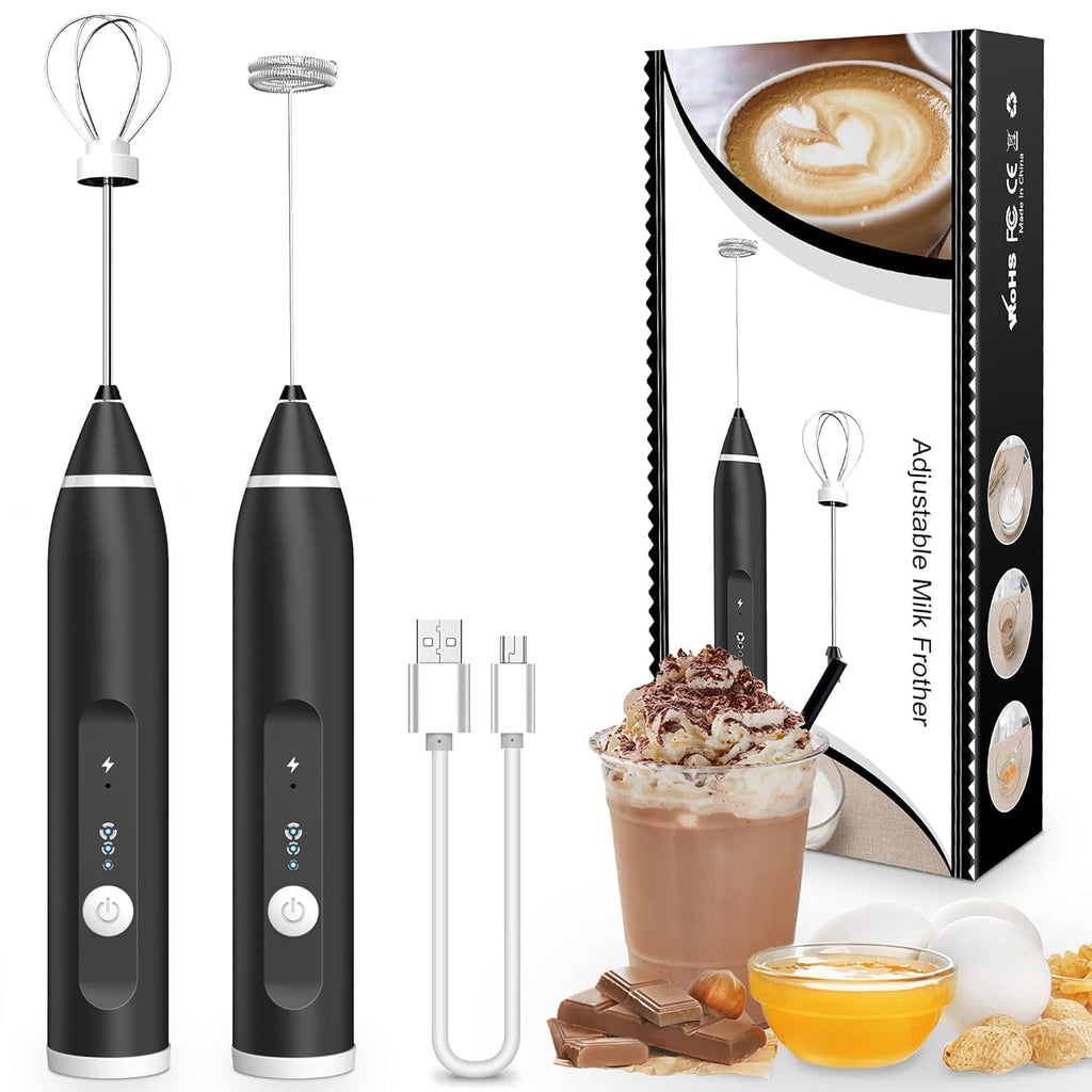 Coffee Frother Electric Milk Frother with 2 Stainless Steel Whisks, USB-C Rechargeable, 3-Speed Handheld Foam Maker, 1200mAh Battery for Coffee, Latte, Cappuccino, Matcha & Egg Beating