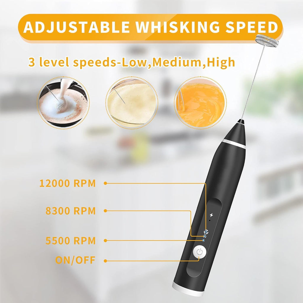 Coffee Frother Electric Milk Frother with 2 Stainless Steel Whisks, USB-C Rechargeable, 3-Speed Handheld Foam Maker, 1200mAh Battery for Coffee, Latte, Cappuccino, Matcha & Egg Beating