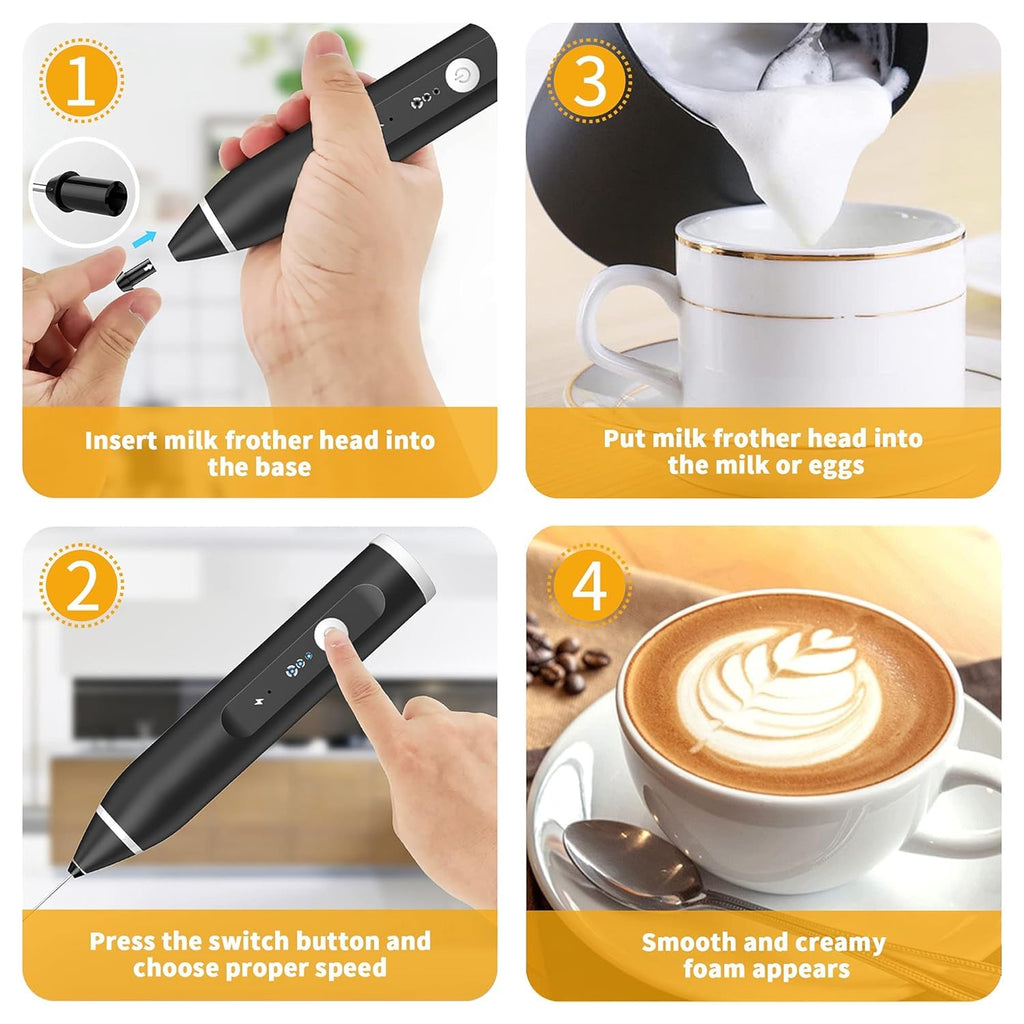 Coffee Frother Electric Milk Frother with 2 Stainless Steel Whisks, USB-C Rechargeable, 3-Speed Handheld Foam Maker, 1200mAh Battery for Coffee, Latte, Cappuccino, Matcha & Egg Beating