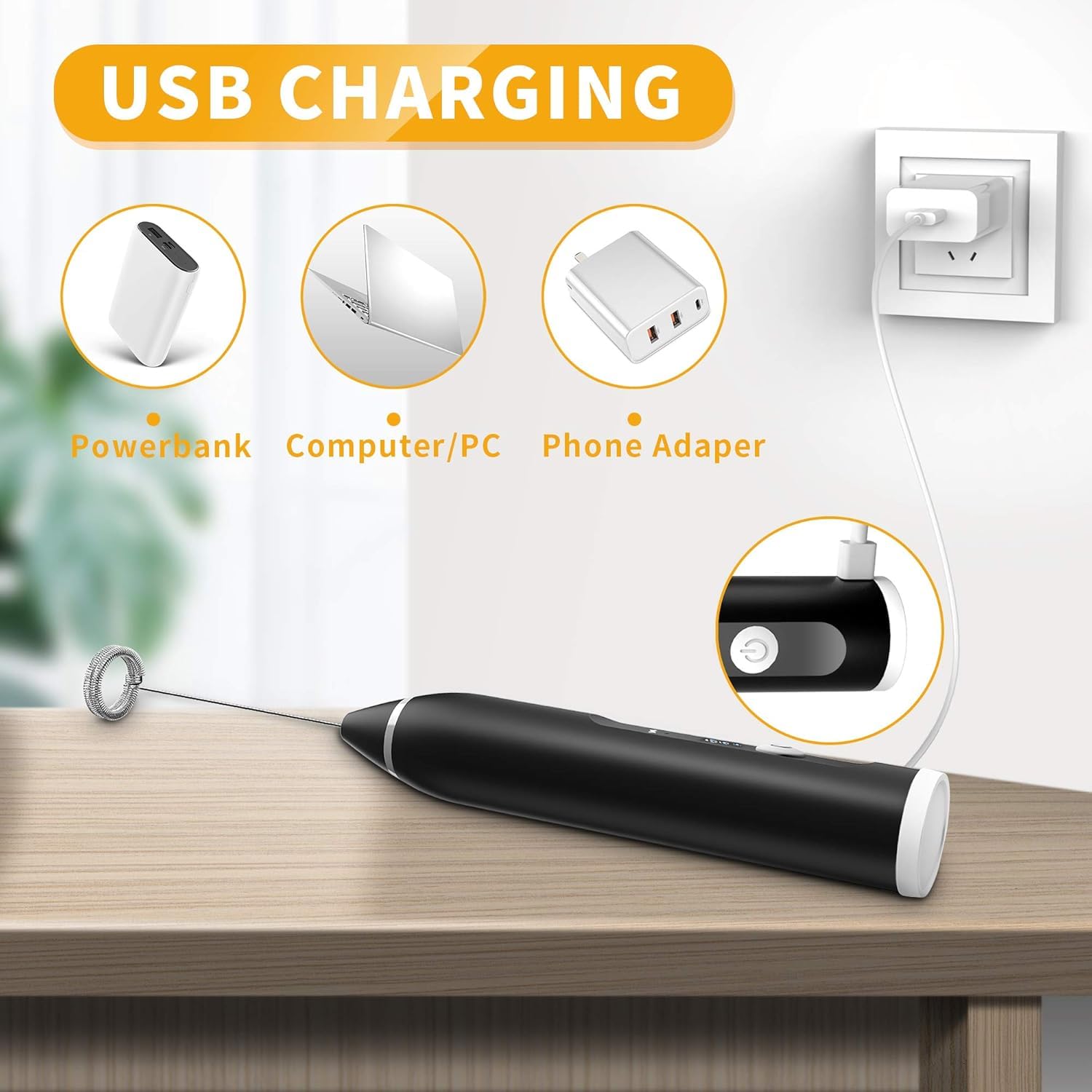 Coffee Frother Electric Milk Frother with 2 Stainless Steel Whisks, USB-C Rechargeable, 3-Speed Handheld Foam Maker, 1200mAh Battery for Coffee, Latte, Cappuccino, Matcha & Egg Beating