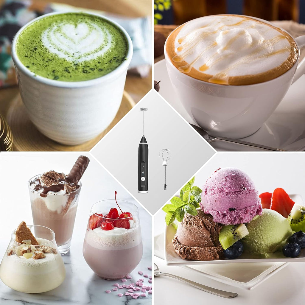 Coffee Frother Electric Milk Frother with 2 Stainless Steel Whisks, USB-C Rechargeable, 3-Speed Handheld Foam Maker, 1200mAh Battery for Coffee, Latte, Cappuccino, Matcha & Egg Beating