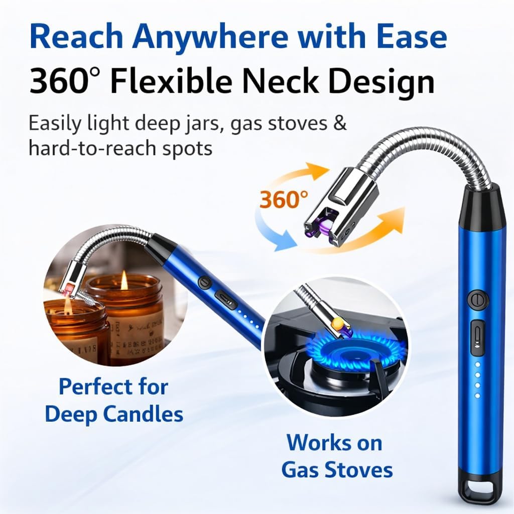 Rechargeable Electric Gas Lighter for Kitchen, USB Type-C Plasma Arc Lighter, 360° Flexible Neck, Windproof Flameless Lighter for Gas Stove, Candle, Diya, BBQ, 6 Months Warranty