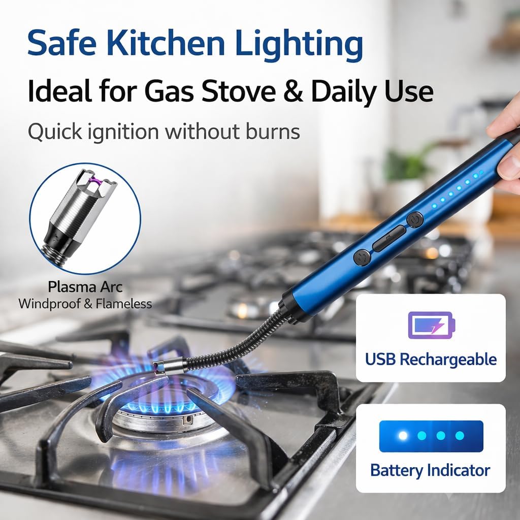 Rechargeable Electric Gas Lighter for Kitchen, USB Type-C Plasma Arc Lighter, 360° Flexible Neck, Windproof Flameless Lighter for Gas Stove, Candle, Diya, BBQ, 6 Months Warranty