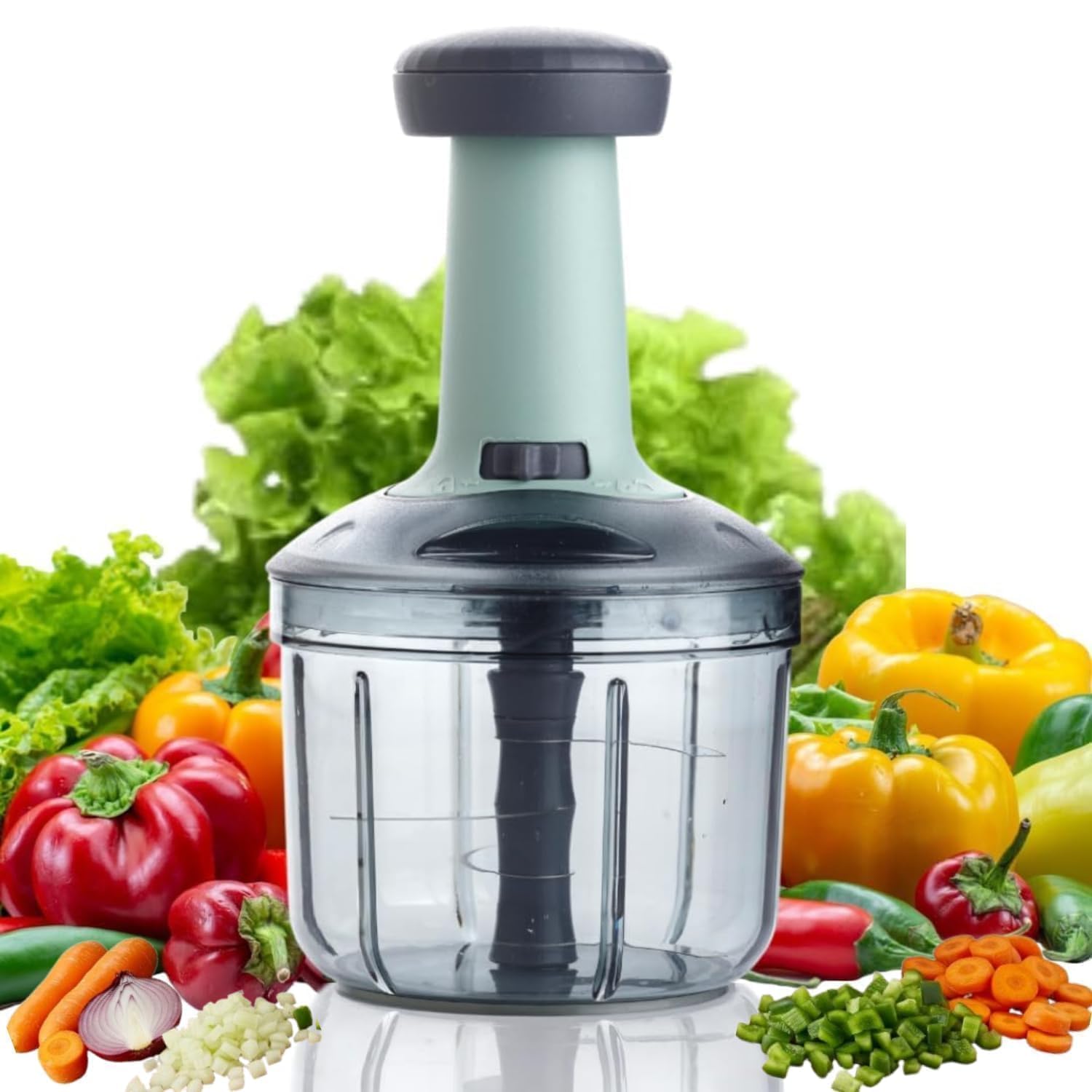 Manual Push Chopper 1100ml with 6 Stainless Steel Blades | BPA Free Vegetable & Food Chopper | Hand Press Onion, Garlic, Ginger, Tomato, Fruit & Nut Cutter | Multipurpose Kitchen Gadget